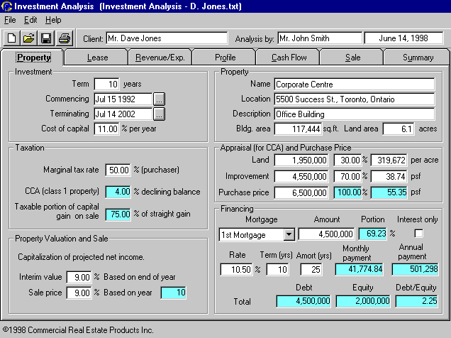 Investment Analysis - Property tab